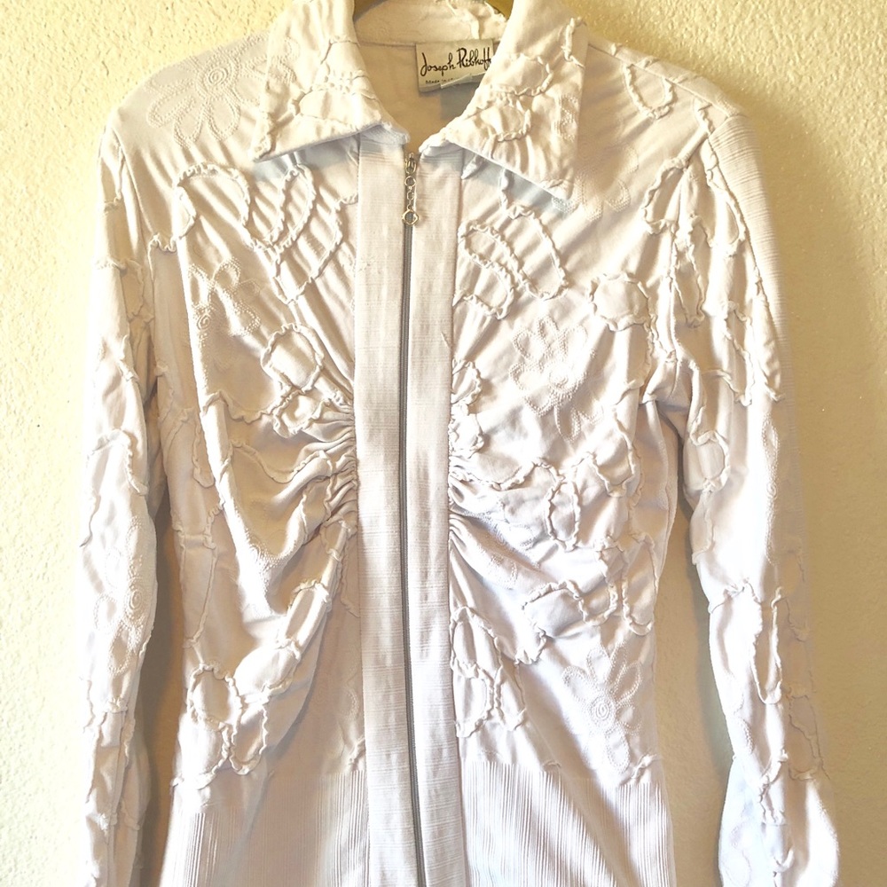Unique Designer White Stretch Front Zip Top